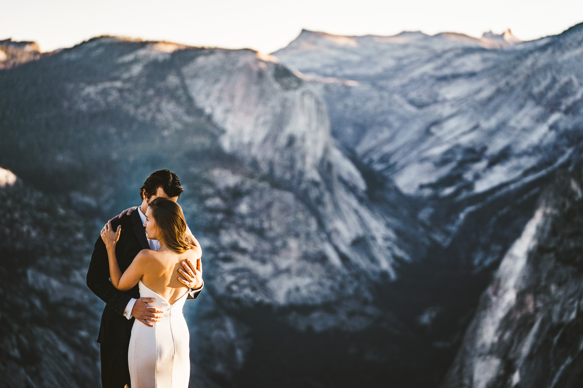 Couple right after their elopement adventure wedding in Yosemite California at Glacier Point