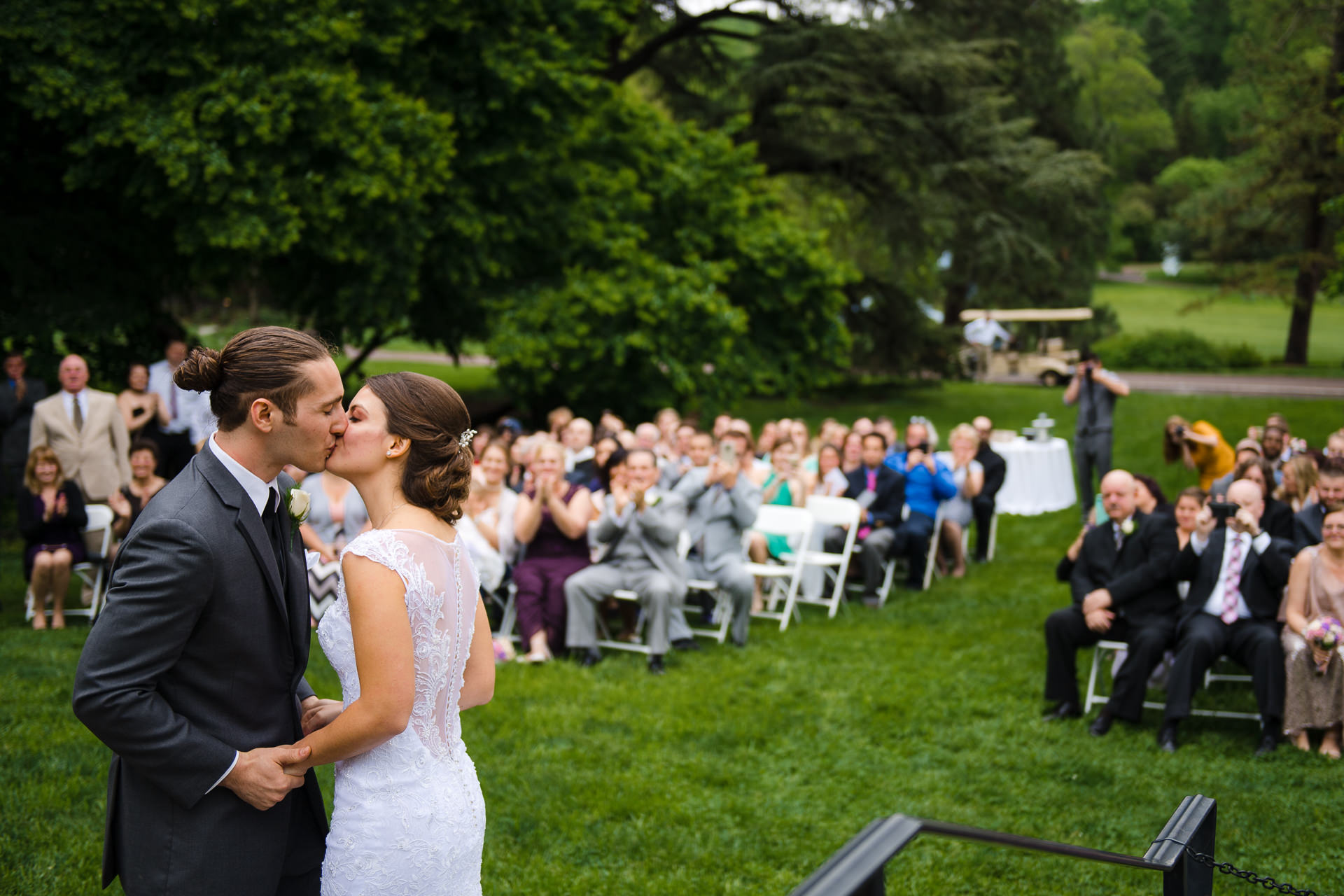 Wedding ceremony outside at Morris Arboretum