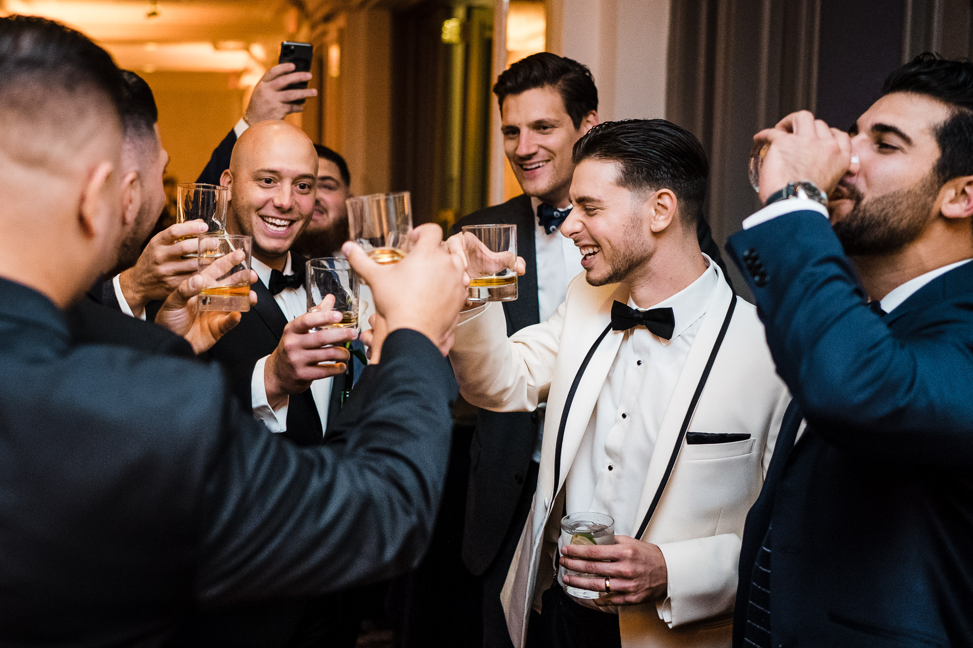 Groom and groomsmen celebrating at their Bellevue Philadelphia Wedding